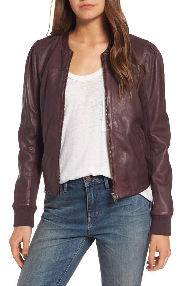 HINGE Shrunken Leather Bomber Jacket Burgundy Fudge nordstrom anniversary sale 