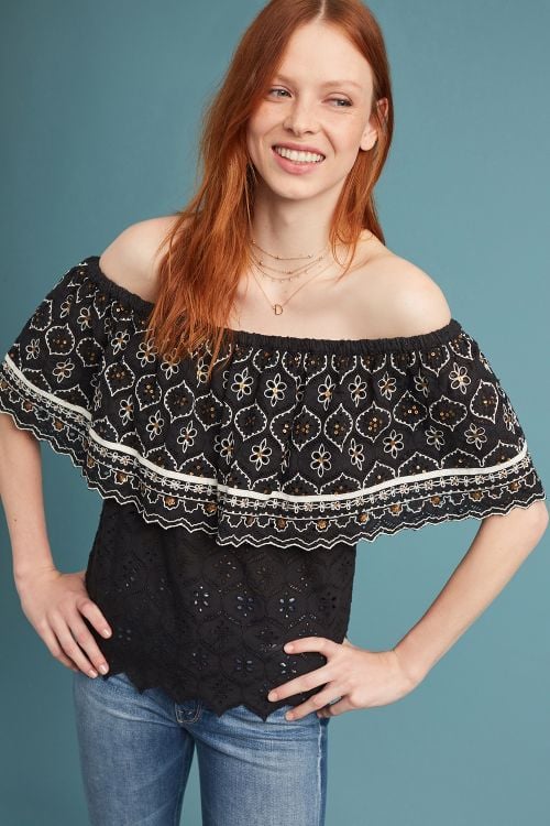 Hemant and Nandita Mavra Embroidered Off-The-Shoulder Top Black anthropologie weekend sale