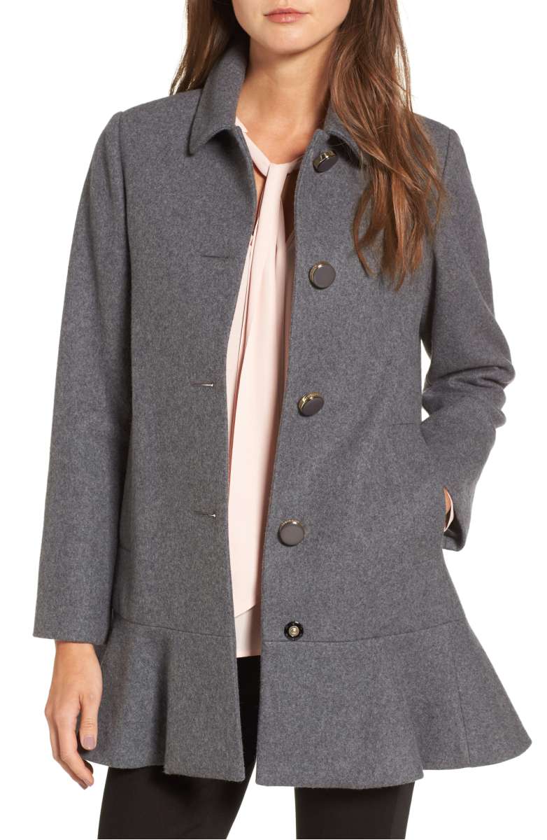 KATE SPADE NEW YORK drop waist wool blend flounce coat Soft Grey Light Grey nordstrom anniversary sale coats 