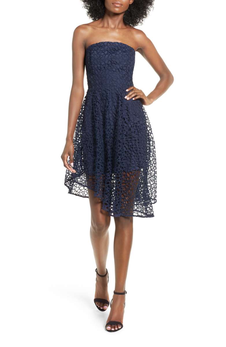 KEEPSAKE THE LABEL Midnight Hour Lace Dress Navy Blue nordstrom summer wedding guests strapless dresses