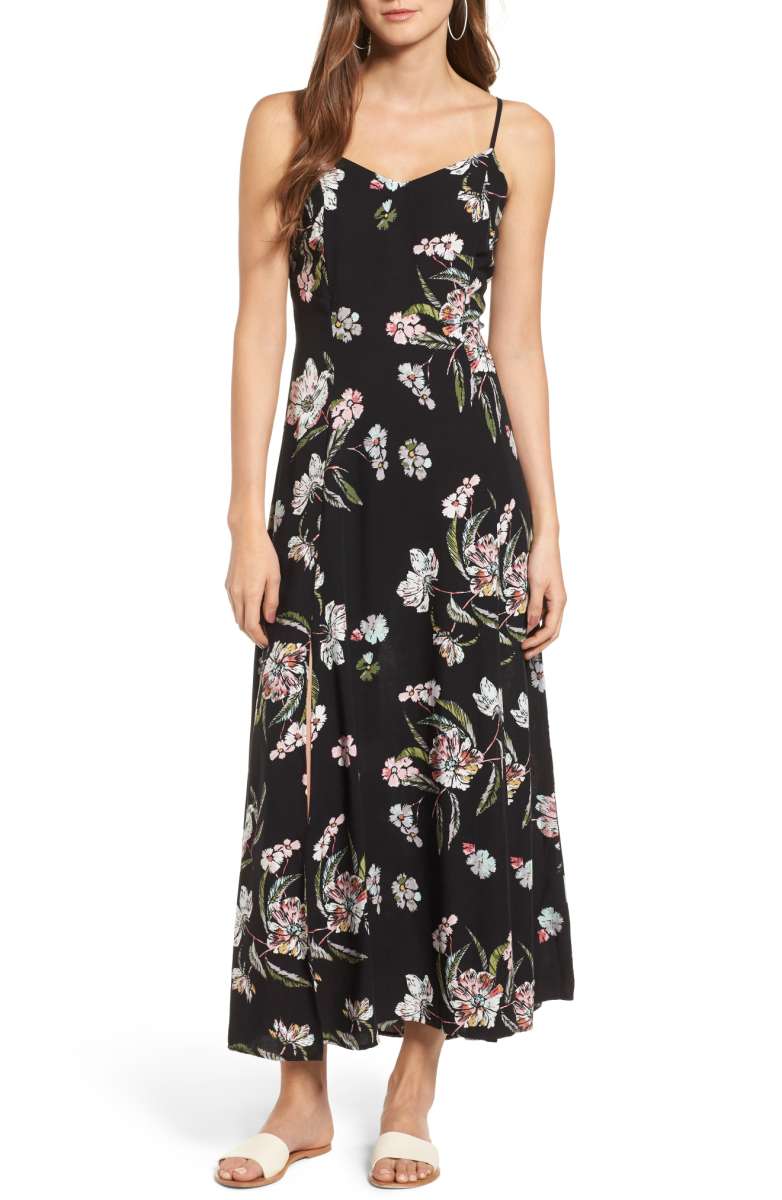 LOVE, FIRE Floral Maxi Dress Black Floral Print dresses under 100 dollars nordstrom