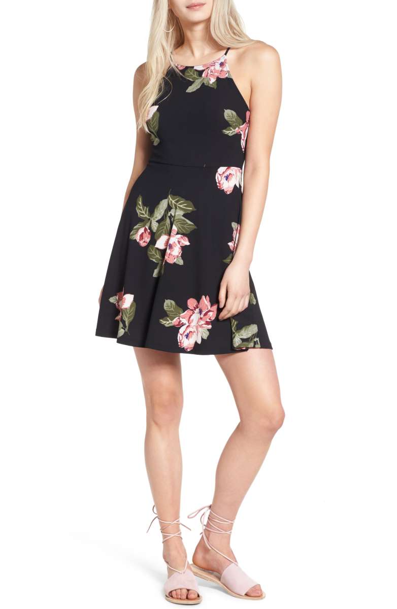 LUSH Ava Skater Dress Black Floral Print dresses under $100