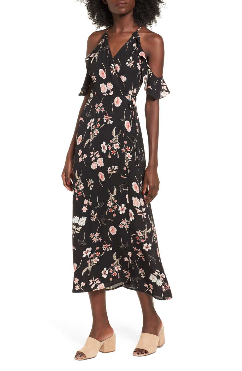 LUSH Floral Cold Shoulder Midi Dress Black Blush Floral Print nordstrom floral print dresses under 100 dollars