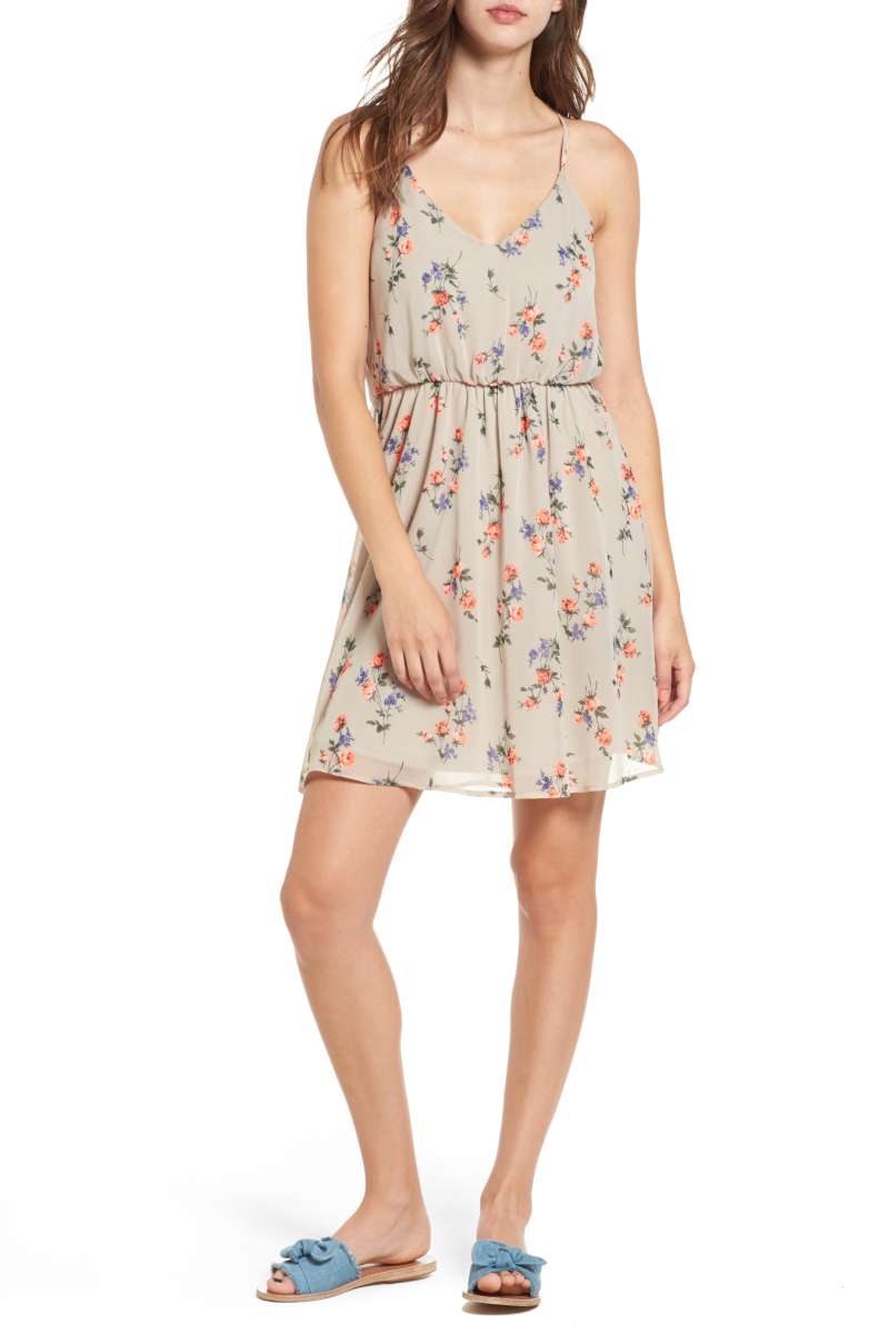 LUSH Floral Print Ruffle Back Blouson Dress Light Grey Print nordstrom dresses under 100 dollars