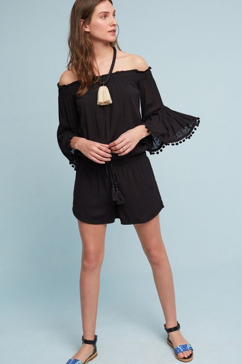 Lilka Pom-Trimmed Off-The-Shoulder Romper Black anthropologie weekend sale