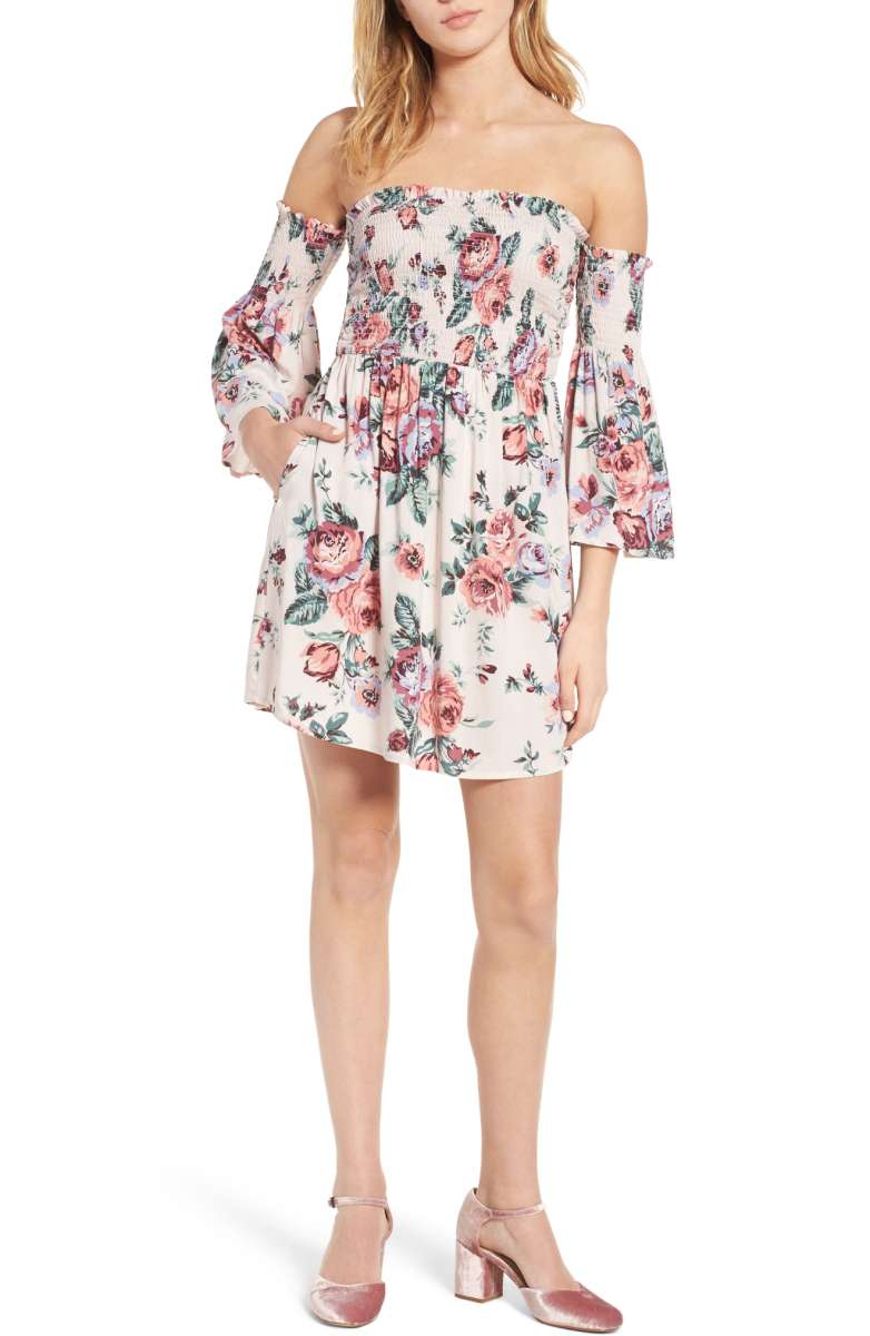 MIMI CHICA Floral Print Off the Shoulder Dress Blush Floral nordstrom dresses under 100 dollars