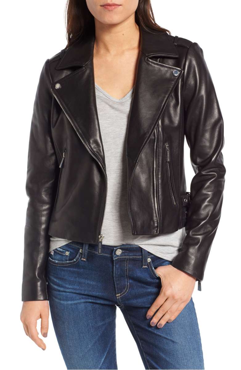 MICHAEL MICHAEL KORS Buckle Detail Leather Moto Jacket Black nordstrom anniversary sale 2017