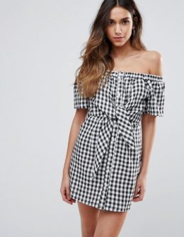 Missguided Gingham Bardot Tie Front Off The Shoulder Dress Black asos summer dresses 2017