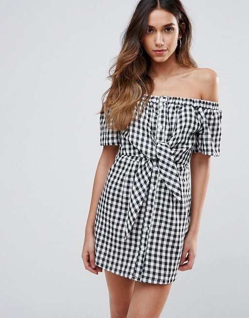 Missguided Gingham Bardot Tie Front Off The Shoulder Dress Black asos summer dresses 2017