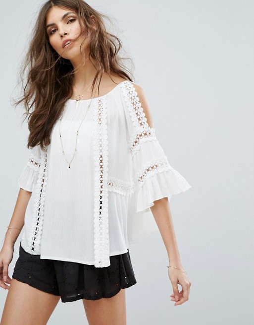 Moon River Cold Shoulder Drapey Top With Lace Trim White lace cold shoulder tops summer 2017