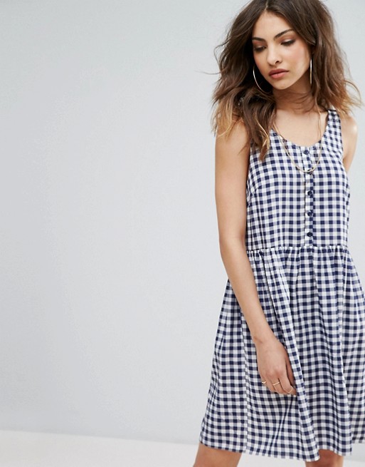 Nobody's Child Smock Dress In Gingham Print With Button Detail Navy Blue asos summer 2017
