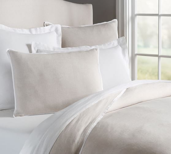 Pottery Barn BELGIAN FLAX LINEN CONTRAST FLANGE DUVET COVER & SHAM - NATURAL/WHITE pottery barn duvets and quilts sale