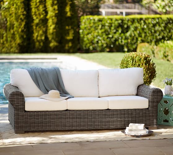 Pottery Barn HUNTINGTON ALL-WEATHER WICKER ROLL-ARM SOFA pottery barn outdoor furniture sale 60 percent off