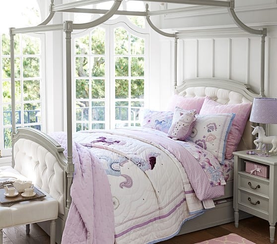 Pottery Barn Kids Blythe Tufted Canopy Bed vintage simply white vintage gray pottery barn kids super sale