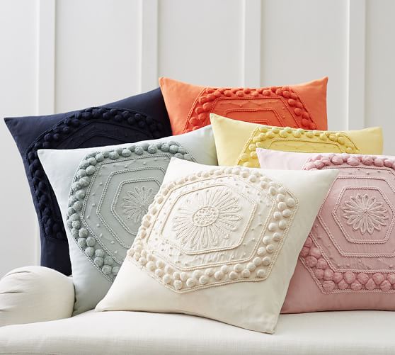 Pottery Barn POM POM EMBROIDERED PILLOW COVER blush pink gray orange pottery barn buy more save more sale