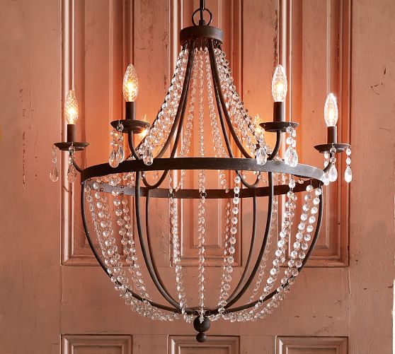 Pottery Barn QUINN CHANDELIER Crystal beads rustic frame bronze patina buy more save more sale