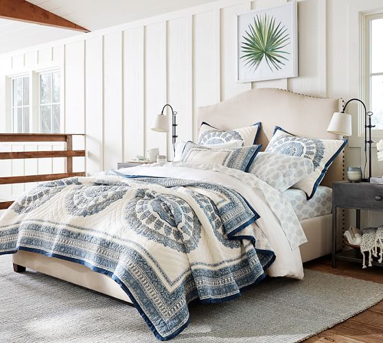 Pottery Barn RALEIGH UPHOLSTERED NAILHEAD CAMELBACK TALL BED & HEADBOARD pottery barn upholstered beds sale