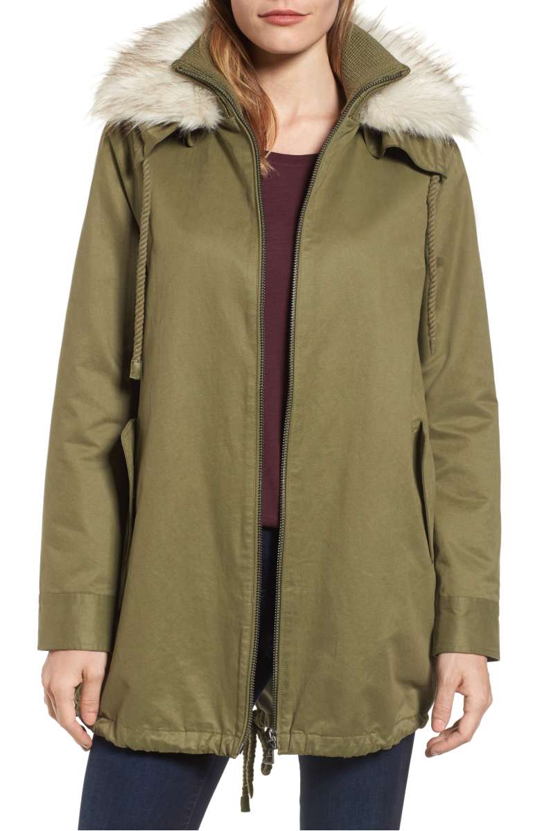 SAM EDELMAN Faux Fur Collar A-Line Anorak Loden nordstrom anniversary sale