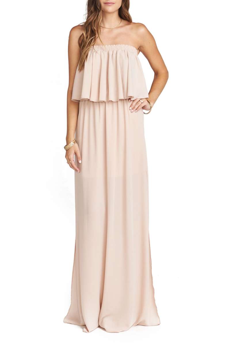 SHOW ME YOUR MUMU Hacienda Convertible Strapless Gown Dusty Blush Crisp strapless dresses for summer wedding guests