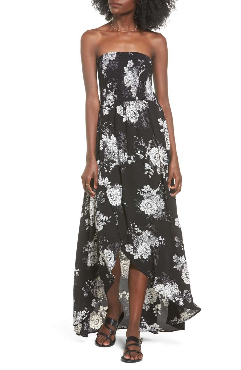 SOCIALITE Smocked Strapless Maxi Dress Black Ivory Floral Print Nordstrom floral print dresses under 100 summer 2017