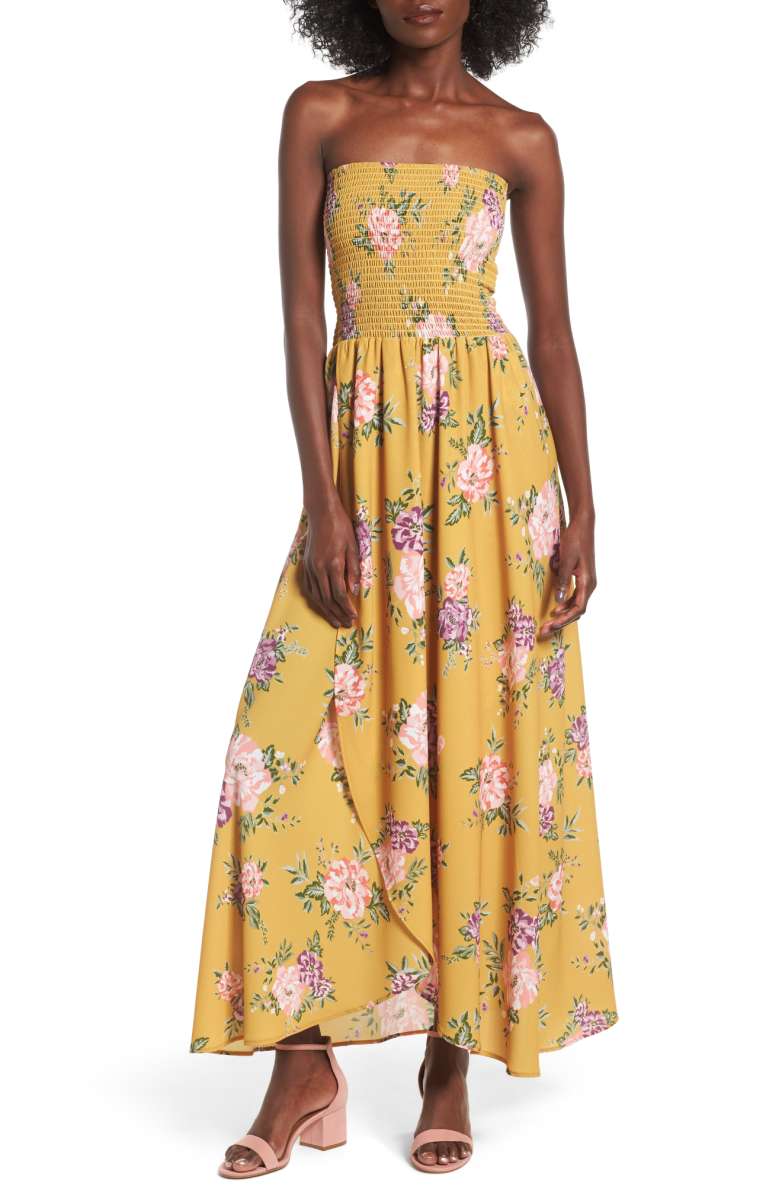 SOCIALITE Smocked Strapless Maxi Dress Mustard Yellow Floral Print strapless dresses for summer wedding guests 