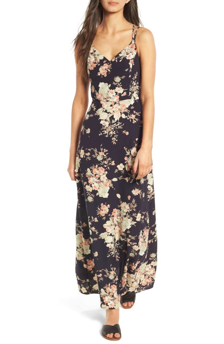 SOPRANO Floral Strappy Back Maxi Dress Navy Floral Print nordstrom maxi dresses under $100
