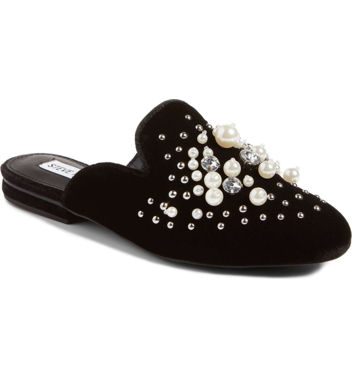 STEVE MADDEN Imitation Pearl Embellished Mule Black Fabric nordstrom anniversary sale