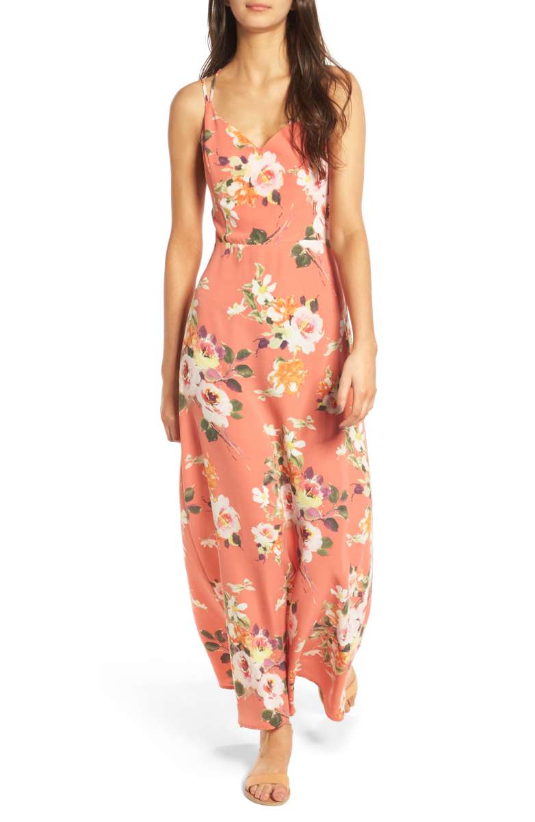 Soprano Floral Strappy Back Maxi Dress Coral Nordstrom floral print dresses under 100