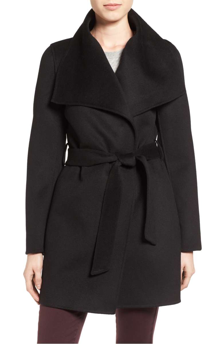 TAHARI 'Ella' Belted Double Face Wool Blend Wrap Coat Black nordstrom anniversary sale