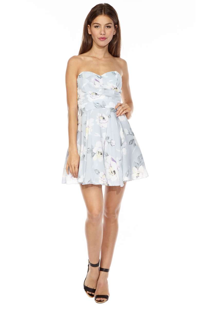 TFNC Minnie Strapless Fit and Flare Dress Blue Floral Print strapless dresses summer wedding guests 2017 nordstrom