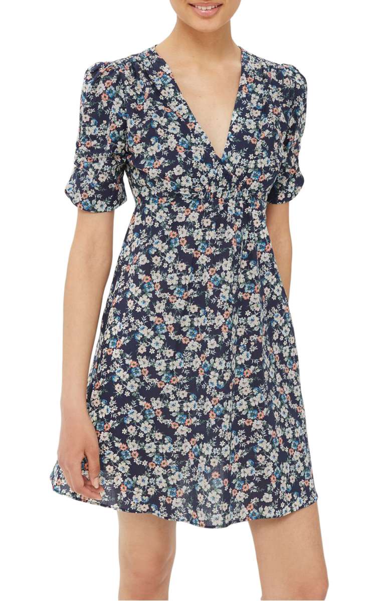 TOPSHOP Ditsy Floral Poplin Tea Dress Navy Blue Multi nordstrom floral print dresses under 100 dollars