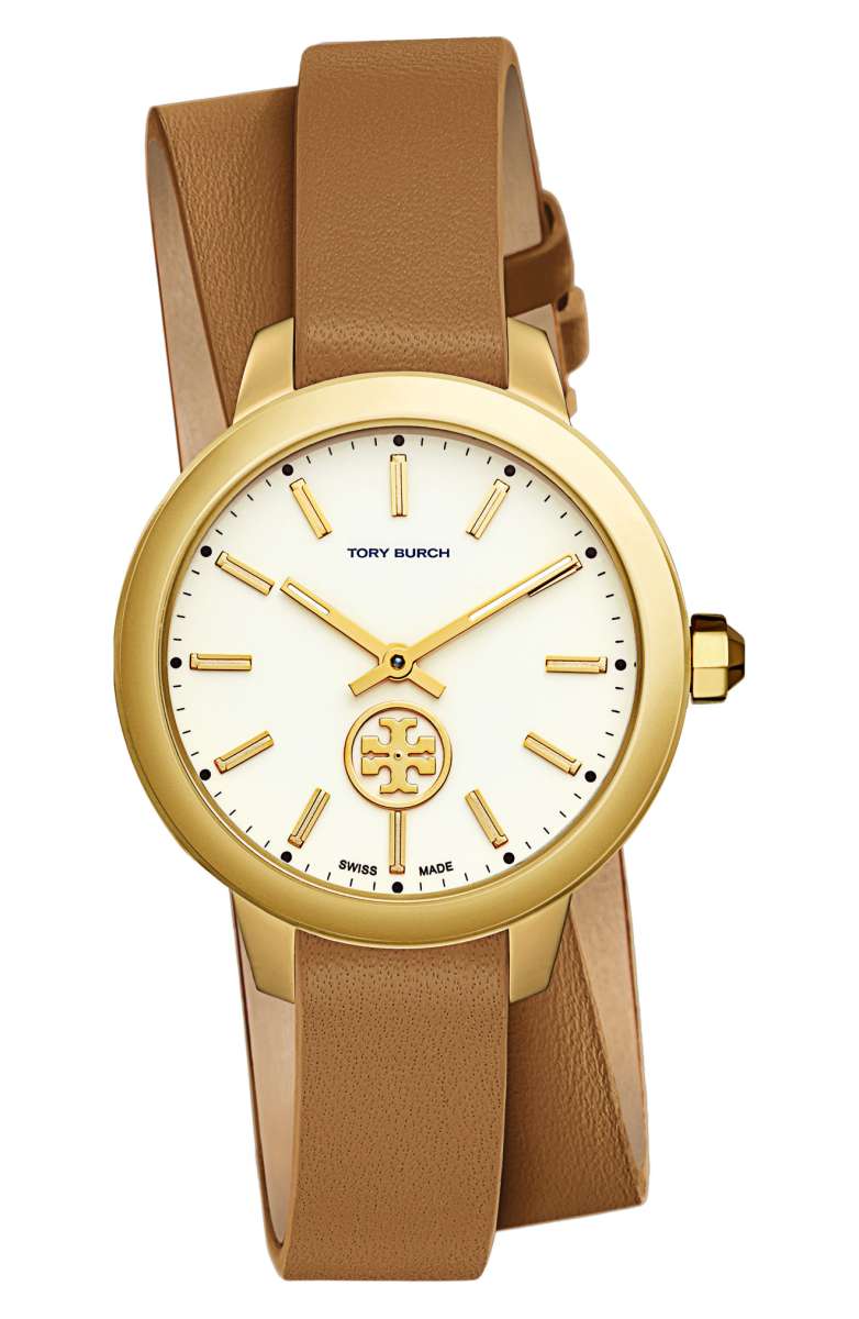 TORY BURCH Collins Double Wrap Leather Strap Watch, 38mm Luggage Cream Gold nordstrom anniversary sale 2017