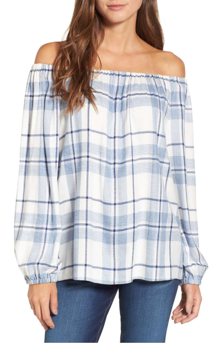 TWO BY VINCE CAMUTO Off The Shoulder Plaid Blouse Blue Night nordstrom anniversary sale