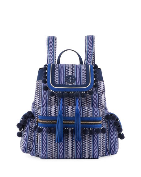 Tory Burch Scout Printed Pompom Backpack Navy Sea neiman marcus designer backpacks