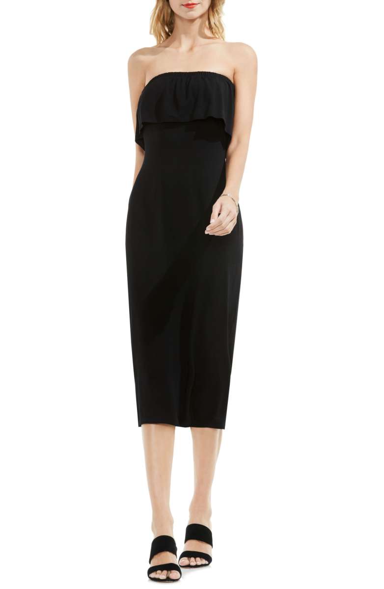 VINCE CAMUTO Ruffle Off the Shoulder Strapless Midi Dress Rich Black nordstrom dresses summer wedding guests
