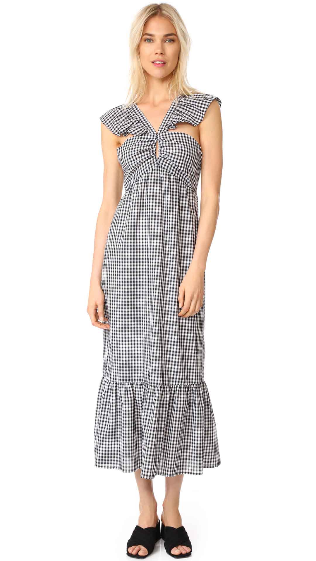 WAYF Bella Ruffle Strap Tiered Dress Black White Gingham shopbop summer dresses