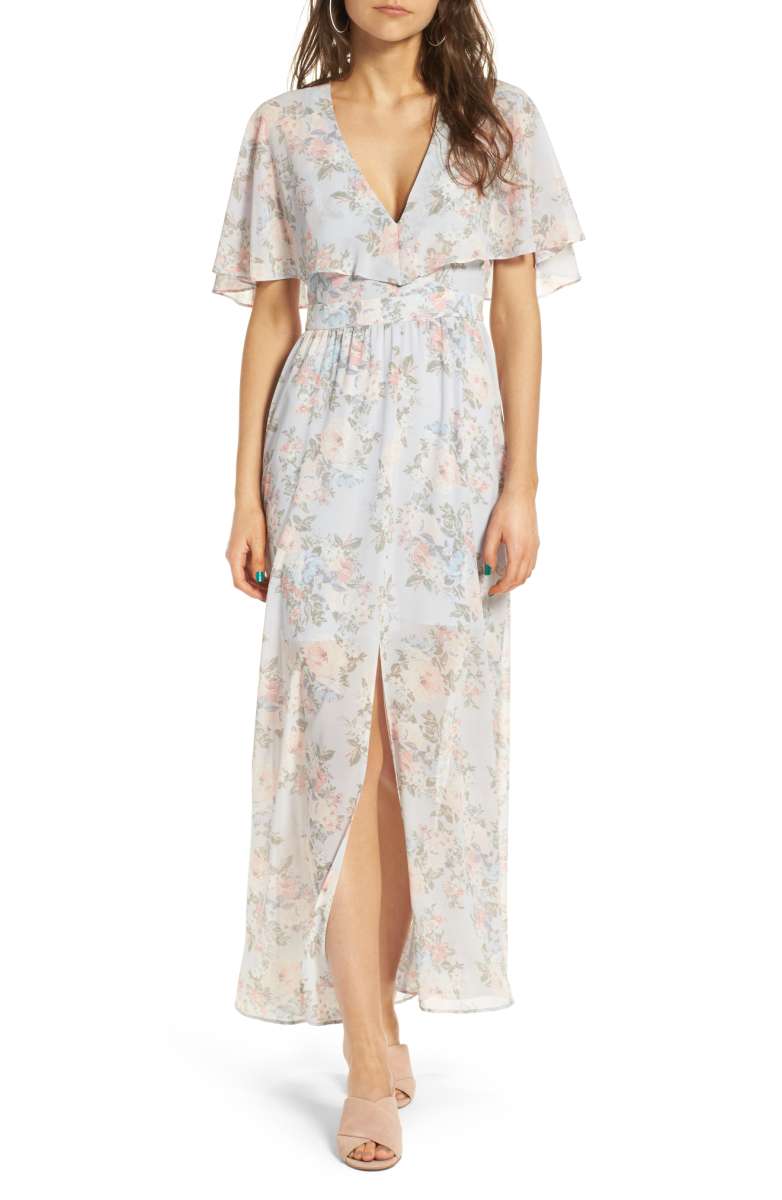 WAYF Love Note Flutter Sleeve Maxi Dress Blue Floral Print nordstrom floral print dresses under 100