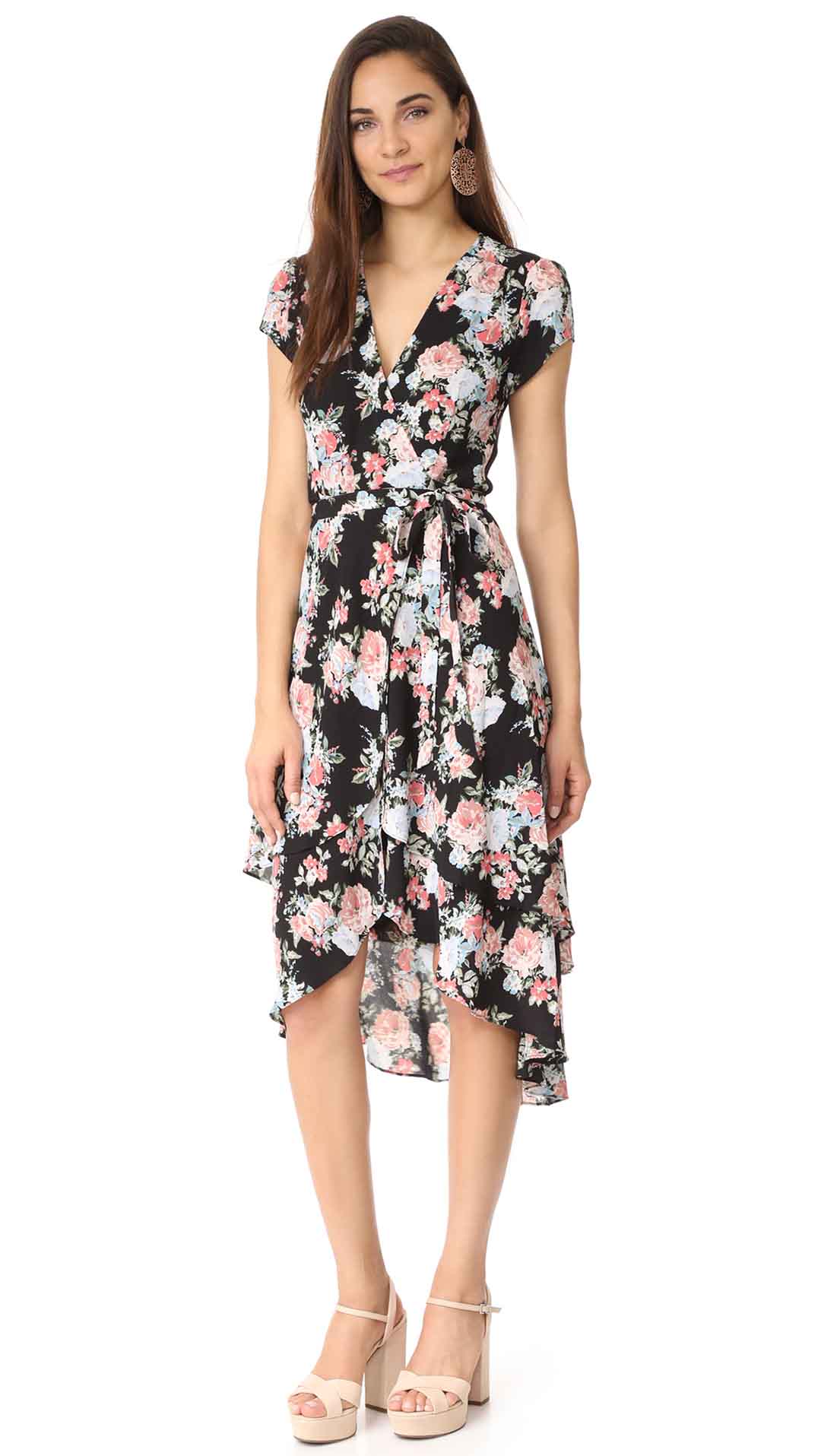 WAYF Oleander Layered Wrap Dress Black Bouquet Floral Print shopbop floral print dresses under 100 dollars