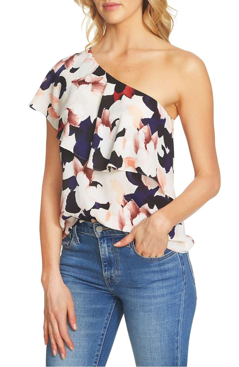 1.STATE Floral Ruffle One-Shoulder Blouse Cloud Print one shoulder tops summer 2017