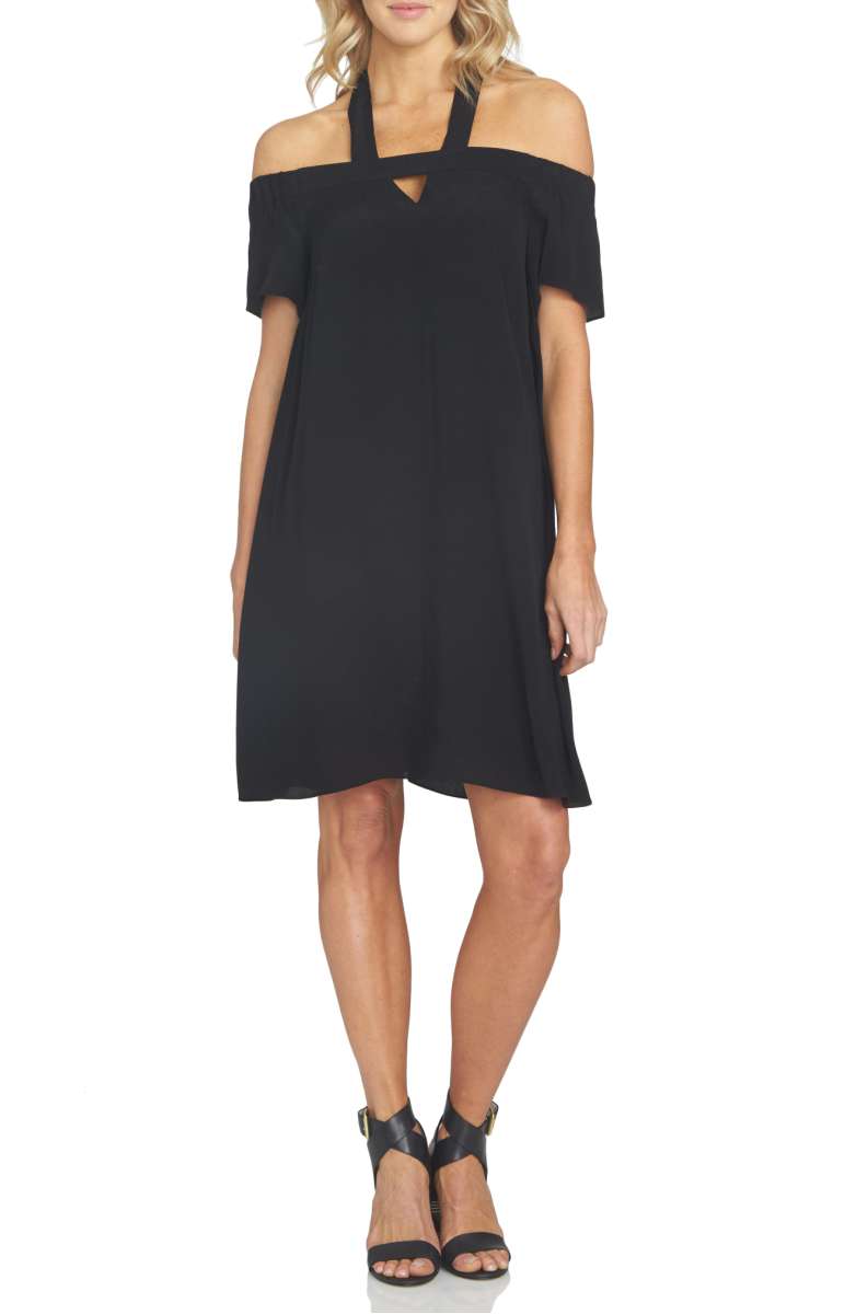 1.STATE Off the Shoulder Halter Dress Rich Black halter dresses fall wedding guests