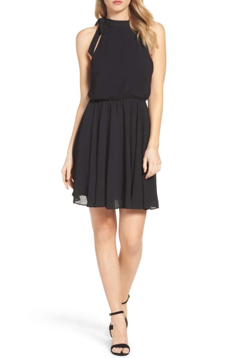 ALI & JAY Camellia Fit & Flare Dress Black halter dresses fall wedding guests 