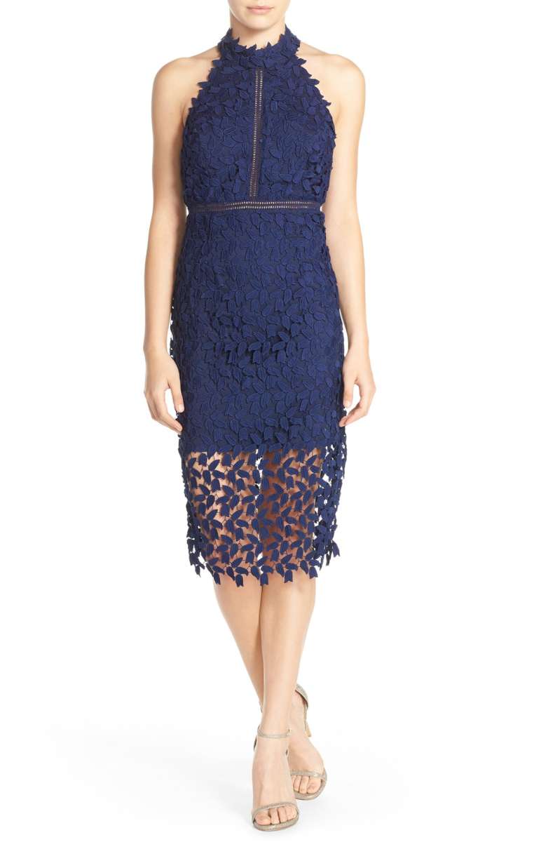 BARDOT Gemma Halter Lace Sheath Dress Blue Ink halter dresses fall wedding guests