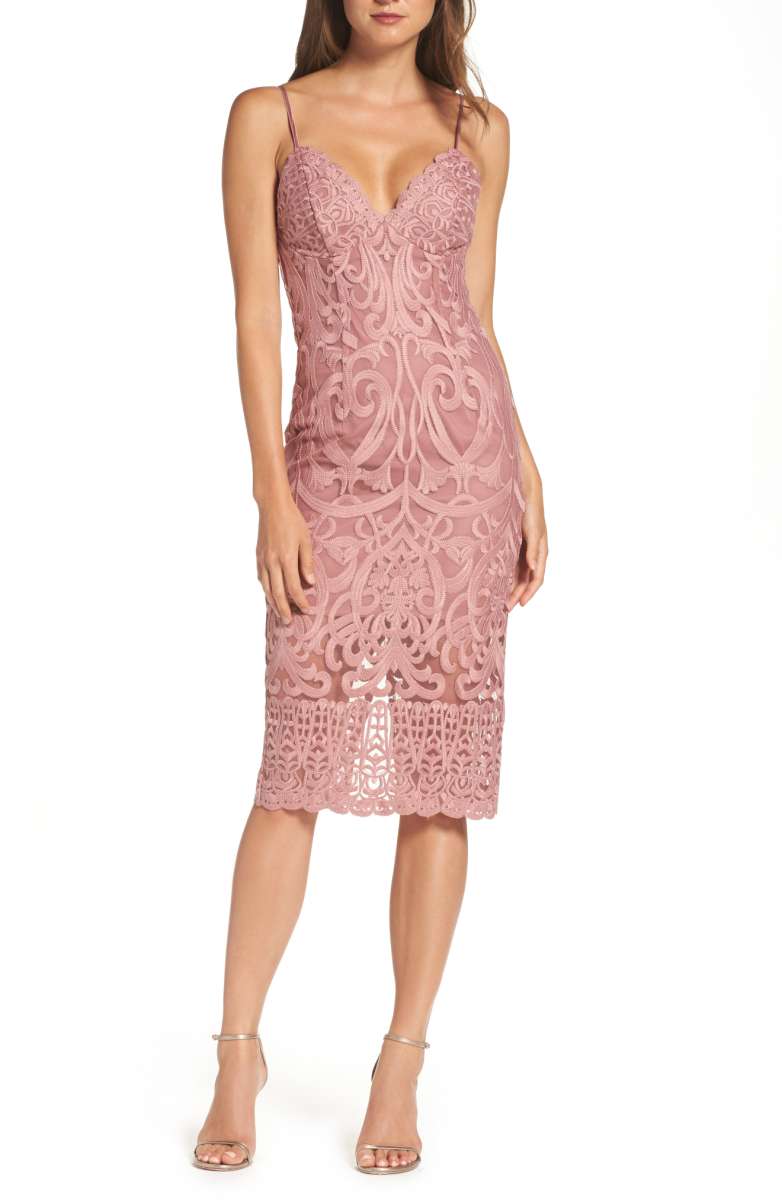 BARDOT Gia Lace Pencil Dress Mauve lace midi dresses fall wedding guests