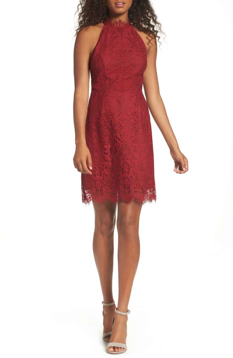 BB DAKOTA Cherie Lace Sheath Dress Pomegranate halter dresses fall wedding guests