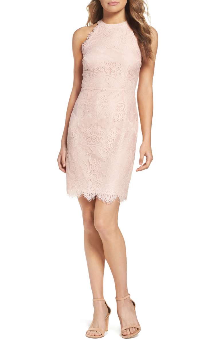 BB DAKOTA Josie Lace Sheath Dress Rose Smoke halter dresses fall wedding guests