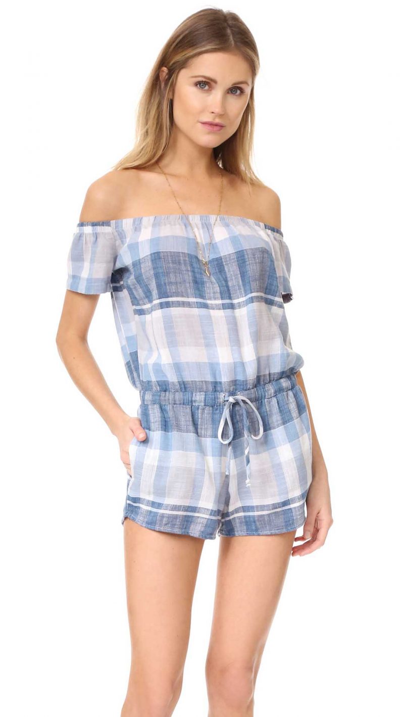 Bella Dahl Off Shoulder Romper Lavender Blue Check Motif