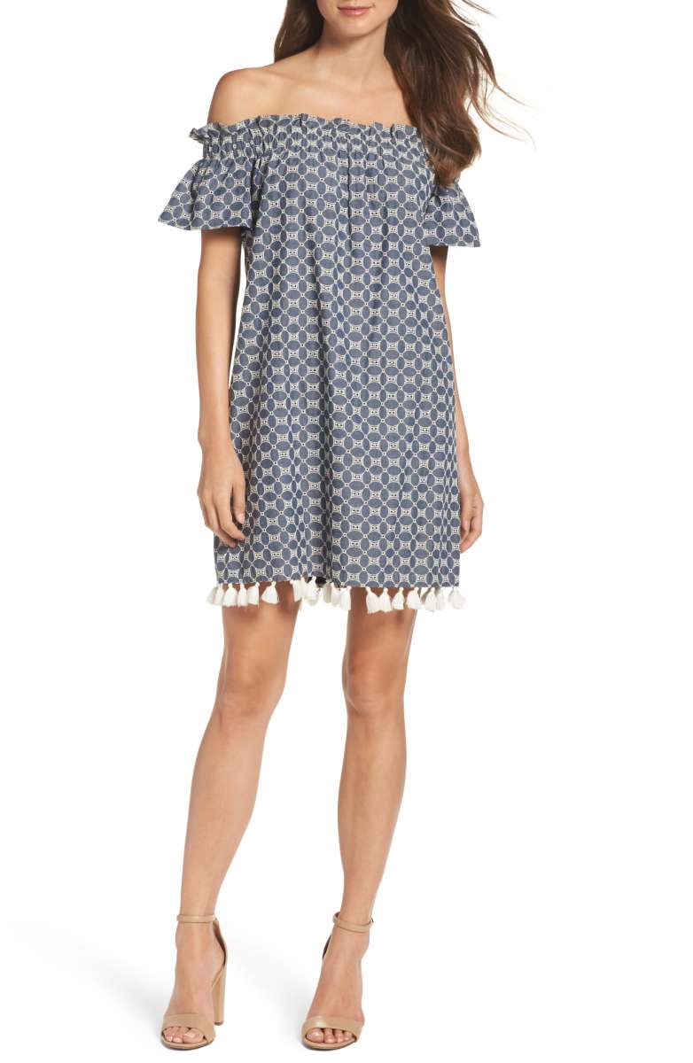 CHELSEA28 Off the Shoulder Dress Blue White Embroidery Tassels summer 2017 embroidered sundresses 