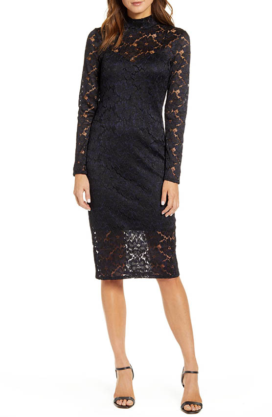 Chelsea28 Long Sleeve Lace Sheath Dress Black Navy Combo lace midi dresses wedding guests