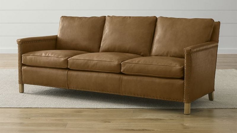 Crate and Barrel Trevor Leather 81" Sofa Sicily Camel Nailhead upholstery annual sale