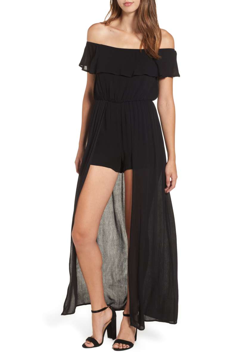 DEE ELLY Gauze Maxi Romper Black off the shoulder rompers